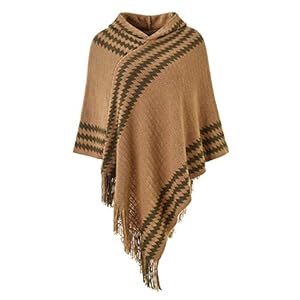 Ferand Chic-cape voor dames, met capuchon, gebreid, zigzagstrepen en franjes