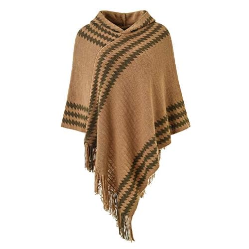 Ferand Women's Cozy Zigzag Poncho Sweater Lightweight Fringe Cape Cloak with Hood Camel