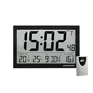 TFA Dostmann Digitale XL-Radioklok, Met Buiten- En Binnentemperatuur, Wandklok, Goed Afleesbaar, Zwart, 370 x 90 x 230…