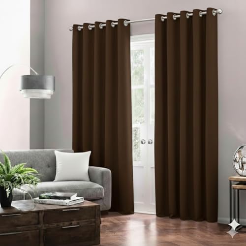 Image of Amazon Brand - Solimo Velvet Curtain Set of 2 (52x48 Inch) Plain Door & Window Curtains for Living Room & Bedroom |75% Light Blocking, Eyelet Curtains for Home Decor in Coffee Color (4 feet x 4 feet)