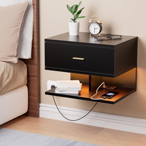 ChromaCasa An der Wand montierter Nachttisch mit LED und Ladestation – Schwebender Nachttisch mit 1 Schublade und 2 offene Fächer, Steckdose 1 AC/2...