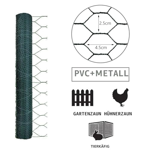 VOUNOT® Maschendrahtzaun Sechseckgeflecht, Drahtzaun Hasendraht Kaninchendraht Hühnerdraht, Maschenweite 25 mm, Höhe 100 cm, Länge 25 m, PVC-Beschichtet Grün