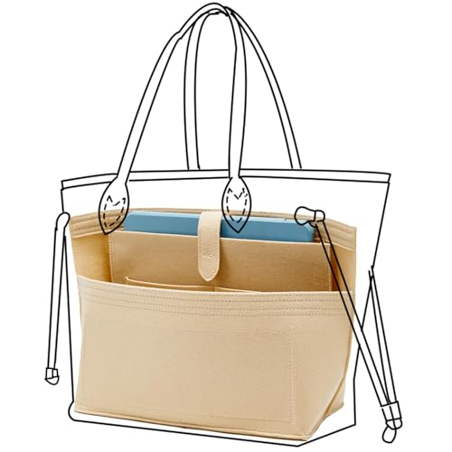 Image of Doxo Purse Organizer Insert for Handbags, Tote Bag Insert Organizers with Laptop Compartment /Cup Holder, Softened Felt Compatible with LV Neverfull MM(Beige,Upgrade)