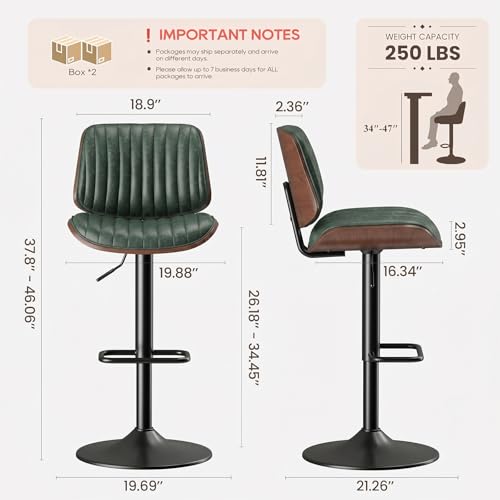 Image of MALOL Bar Stools Set of 4, Adjustable Counter Height Bar Chairs 26 inch-34.5 inch with Swivel & Footrest, Modern Faux Leather Barstools for Kitchen Island, Dining Room,Pub,Green