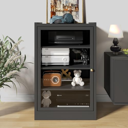 LEVNARY Media Cabinet with Door, Black 5-Tier Stereo Cabinet with Adjustable Shelves, AV Media Storage Shelf with Cable Management, Audio-Video Rack Stand for Living, Gaming, Recording Room (Black)