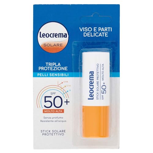 Leocrema - Stick Solare SPF 50+, per Pelli Sensibili, Tripla Protezione dai raggi solari, Senza Profumo, 12 ml