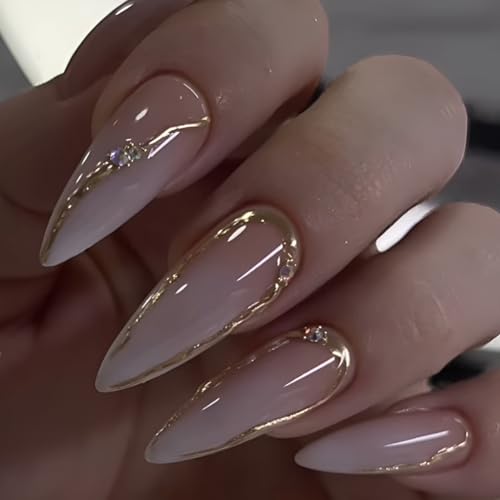 24Pcs Nude Fake Nails Almond Press on Nails Long Glossy Glue on N...