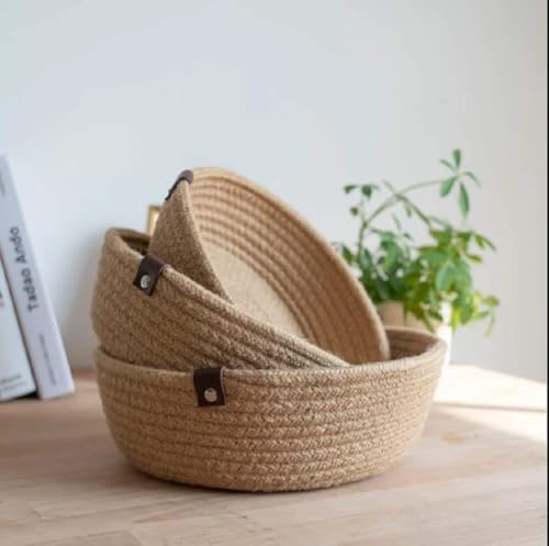 Image of 100% Natural Jute small box mini rope paper storage Round hamper baby nursery tray bucket for Living Kitchen, Office, Drawing Room,fruits, kitchen, office, Set of 3 (BEIGE)