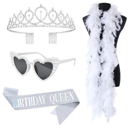 Birthday Queen Party Accessories Sash and Crown For Women With Heart Glasses and Feather Boa Rhinestone Tiara Party Supplies