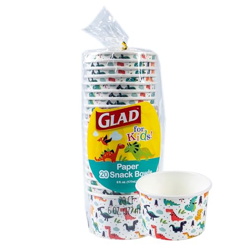 Glad for Kids Mini Dinosaurs Paper Snack Bowls Colorful Heavy Duty Microwave Safe Disposable Bowls for Soup Ice Cream and Snacks Lids Not Included Multicolor Party Pack 6 Oz 20 Count