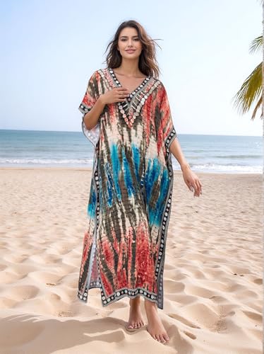 Image of IMAGEKOPE Kaftan Dresses for Women Plus Size Bathing Suit Cover up Vneck Batwing Dress Loose fit Moroccan Caftan mumu Dresses