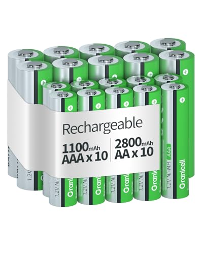 Granicell 20 Pcs AA AAA Rechargeable Batteries 10 x AA 2800mAh High-Capacity and 10 x AAA 1100mAh High-Capacity 1.2V Ni-MH Battery Rechargeable Up to 1300 Times