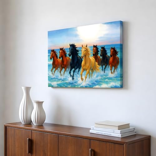 Image of 7 Running Horses Vastu Stretched Canvas Painting For Living Room Blue Seven Horses Vastu Wall Art Painting Symbol of Success, Growth & Positive Energy Wall Art for Home & Office, 12x16 Inch