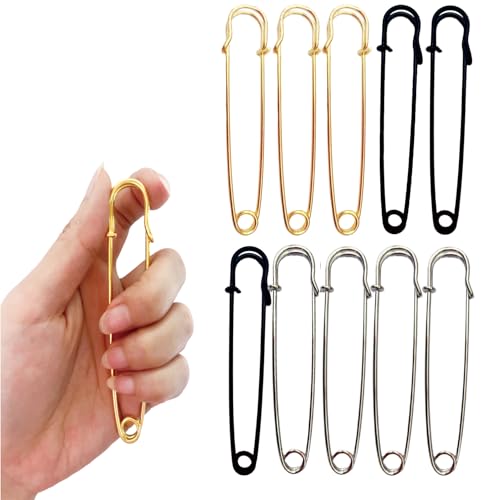 10PCS Large Safety Pins,4 Inch Heavy Duty,3 Colors Extra Large Safety pins （3Gold/3Black/4Silvery）