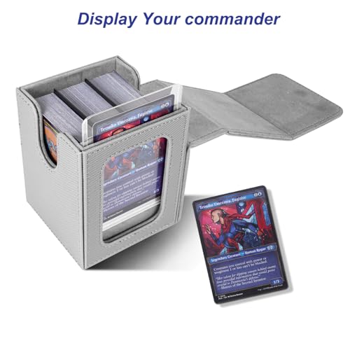 Image of AFIING MTG Deck Box for Commander Display,Card Deck Box Fits 100 Double Sleeved Cards, Magic Commander TCG Card Storage Box with 2 Dividers,Drawstring Bag and 1 Toploader(Silver /grey)