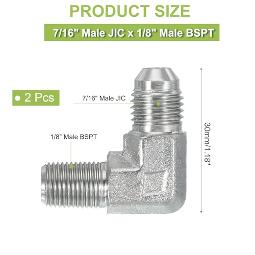Image of PATIKIL 90 Degree Pipe Adapter, 2 Pcs 7 /16 inch Male 37 Flare JIC x 1 /8 inch BSPT Male Connector Carbon Steel Elbow Fitting for Air Hydraulic Fluid Fuel Water Oil, Silver