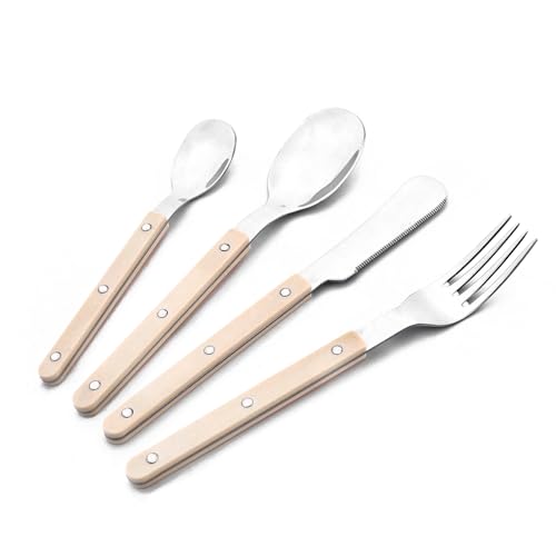 Snplowum 24Pcs Stainless Steel Tableware Set, Rivet Acrylic Handles Set Include Knife Fork Spoons Teaspoons, White Silver, Mirror Polish, Service for 6