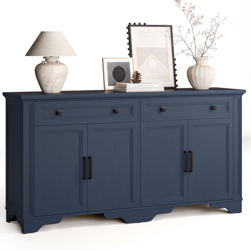ONBRILL 63 Sideboard Buffet Cabinet Kitchen Buffet Storage Cabinet Large Credenza with Drawers & Doors Wood Coffee Bar Console Wine Bar for Living Room Hallway Blue