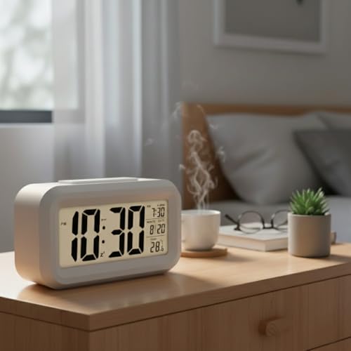 Image of Rorian Digital Alarm Clock - Large LCD Display with Smart Backlight, Indoor Temperature, Date & Calendar, Battery Operated Portable Desktop Clock for Bedroom, Travel, and Office (White)