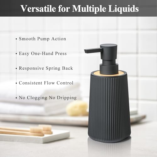 Image of Black Hand Soap Dispenser Set with Bamboo Decor and No Rust Pump for Bathroom and Kitchen Countertops Refillable Striped Matte Plastic 8.5 oz
