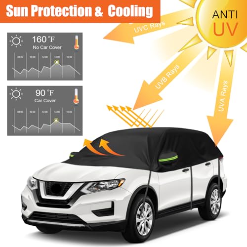Image of Half Car Cover Compatible with Nissan Rogue 2008-2025, All Weather Protection with Side Mirror Cover, Top Roof Protector for Snow Ice Hail Rain Sun Protection