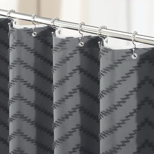 Dynamene Boho Shower Curtain and Liner Set,Tufted Chevron Textured Tassel Shower Curtains for Bathroom and Waterproof Liner with Hook,72 W x 84 L (Pack of 1),Charcoal Grey 1