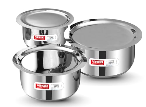 Vinod Stainless Steel Tope Set with Lid - 3 Pcs | 1.4, 1.8, & 2.2 litres | Patila...
