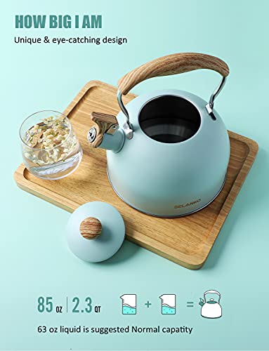 Tea Kettle, Belanko 85 Oz / 2.5 Liter Whistling Tea Kettle, Tea Pots For Stove Top Food Grade Stainless Steel With Wood Pattern Folding Handle, Loud Whistle Kettle For Tea, Coffee, Milk - Turquoise #TOP2