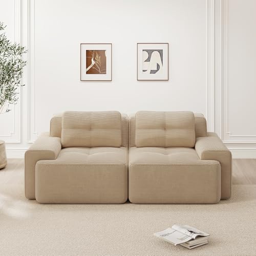 Yihomfy Canapé 2 Places Modulaire Désossé, Loveseat Small Canapé avec 2 Coussins, Confortable Velours Côtelé Cloud Canapé de Salon, sans Montage (Beige,...
