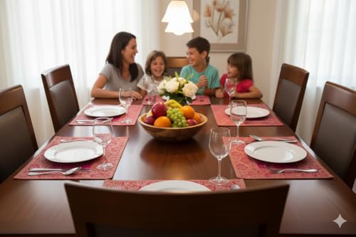 Image of Brocade Silk Placemats for Dinning Table 12 x 18 Inches Hand Embroidered, Set of 6 Decorative Placemats for Home (Pink)