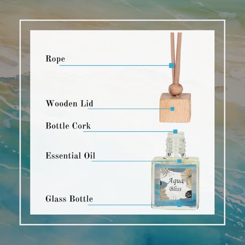 Image of AIR-ROMA Aqua Bliss Car Perfume Hanging Pod 10ml | Natural Essential Premium Fragrance Oils in Glass Bottle with Wooden Diffuser Lid | Long Lasting Car AIR Freshener Scent | Lasts Up to 45 Days