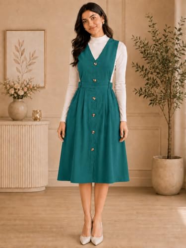 Image of WineRed Women Soild Pinafore Dress with Button