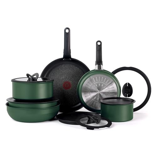 Image of T-fal Ingenio Expertise Non Stick Cookware Set 14 Piece, Induction, Oven Broiler Safe 500F, Cookware, Pots and Pans Set, RV, Camping, Frying Pans, Dishwasher Safe, Detachable /Removable Handle, Green