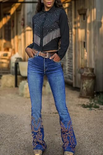 Women's Flared Bell Bottom Jeans with Embroidered Detailing, Denim Pants Trousers (Belt Not Included)4