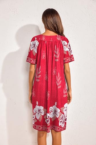 Image of Ekouaer Womens House Dress Floral Print Nightgown with Pockets Mumu Dress | V Neck Nightgowns for Women Pleated Short Sleeves Mumu Dresses Knee Length Moo Moo for Sleep, Daily Wear, Vacation, Party