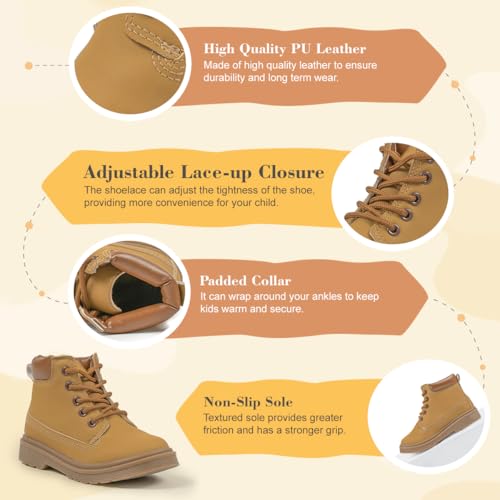 Kannior Boys Hiking Snow Boots Little Kid High Top Dress Shoes Toddler Lace Up Non-Slip Texture Sole Loafer Ankle Flats PU Leather Classic Casual Walking Work Boot(Toddler/Little Kid)3