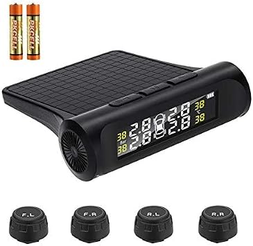 TPMS 4 Tire Pressure Monitoring System Solar Power Wireless Double Dry Battery Smart Tire Safety Monitor with External Cap Sensors Real Time Pressure & Temperature AlertsBatteries not Included