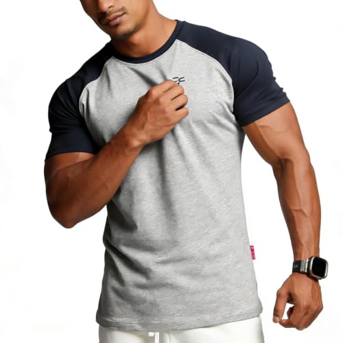 Image of Men's Cotton Short Sleeve Raglan Crew Neck Gym Workout Athletic Tee | Breathable raglan crew neck tee with mild elasticity, suitable for workout, fitness exercise and daily casual wearing