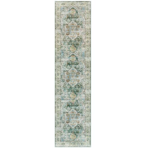 Madane Runner Rug 2x8, Washable Hallway Runner Rugs, Non-Slip Low-Pile Soft Kitchen Rug Runner Laundry Room Rug, Vintage Throw Entry Foyer Mat for Entrance Living Room (Green, 2 x 8)