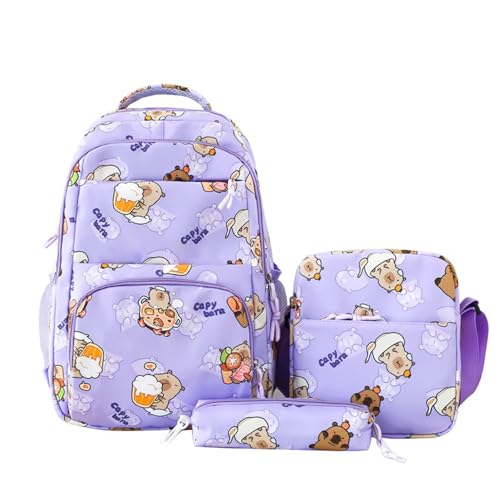Capybara Backpack 3 set Kawaii Capibara Bag Cute Animal Mochila De Capybara for Daily Casual Travel Daypack Capivara Capibara Kapibara Cabybara Captbara Bara Funny Backpack (Purple)