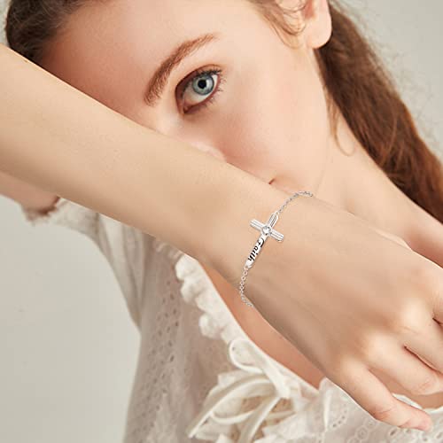 Dreamboat Sterling Silver Cross Bracelet For Women Adjustable Link Sideways Cross Bracelets Religious Faith Chain Christian Jewelry Religious Gifts For Girls, 7"+2" Chain #TOP4