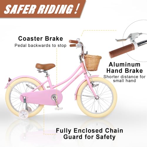 Image of Glerc Little Molly 12-20 Inch Kids Retro Cruiser Bike for 2-13 Year Old with Wicker Basket & Training Wheels /Kickstand, Multiple Colors