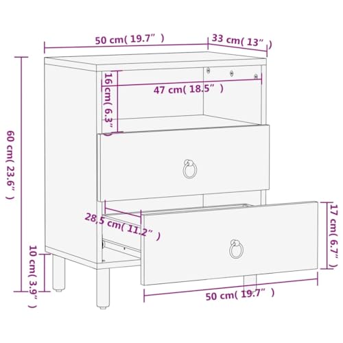 Table de chevet bois de mangue 2 tiroirs : commode de nuit retro