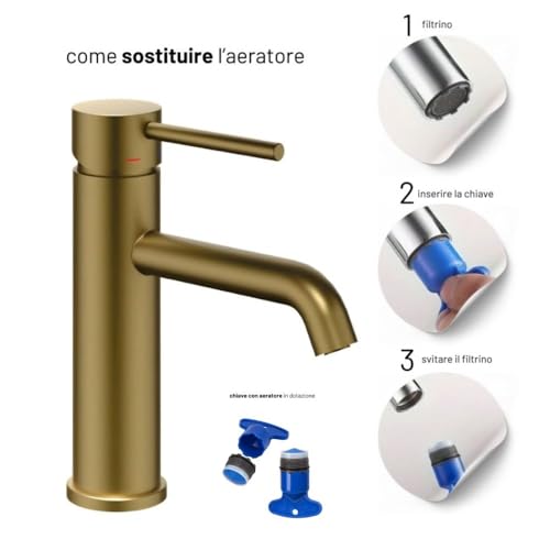 Miscelatore Monocomando Bagno Serie Jazz Quickinstall Piletta Click Clack Leva In Metallo Cartuccia Ceramica Design Moderno Oro Matt Satinato Spazzolato (Coppia Lavabo Bidet) - 3