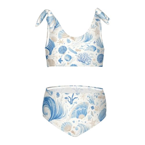 Shells Ocean Waves Beach Starfish White Girls 2 Piecing Kids Bikini Set Beach Bathing Suit Swimming Suits Adjustable Strap