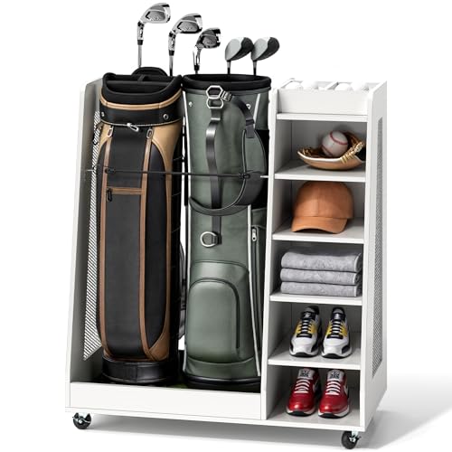 YITAHOME Wooden Golf Bag Organizer for Garage, Rolling Storage Stand for Golf Bags, Clubs, Balls, and Accessories, Holds 2 or 3 Golf Bags, Ideal for Golf Equipment Organization White 2 Bags
