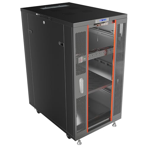 Image of Sysracks 27U Server Rack Cabinet, 39 inch Deep, Glass Door, 19-Inch | Cooling fans, PDU, shelf, casters, leveling feet, cable entry brushes