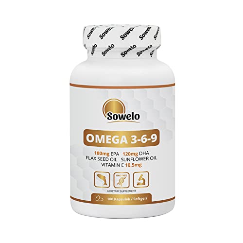 Omega 3-6-9 – 180 mg EPA + 120 mg DHA – Leinöl + Sonnenblumenöl + Fischöl – Mit natürlichem Vitamin E – Für Herz, Gehirn & Immunität – 100 Softgels – EU-Herstellung – Sowelo