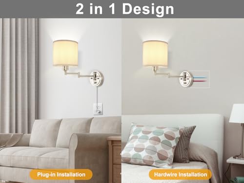 Image of Plug in Wall Sconces with Remote Control, Dimming & Adjustable Colors 2700K-6500K, Hardwire or Plug-in, Swing Arm Wall Lamp with White Fabric Shade, Wall Sconces Set of Two, Brushed Nickel Finish