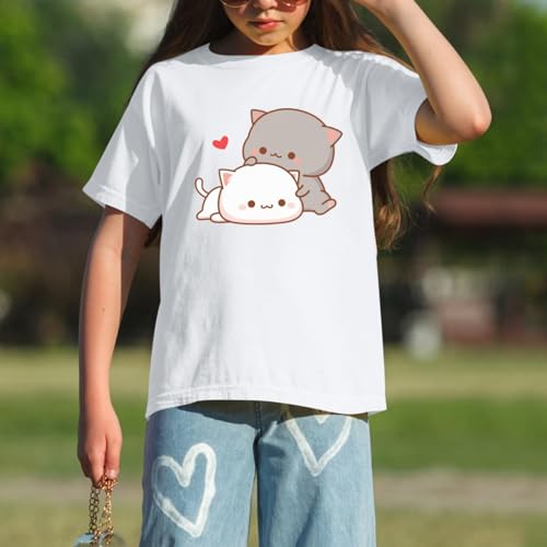 Image of KEEVICI Cute Cat Shirts for Girls Graphic Tees Kids Kawaii Cartoon Animal Print T Shirt Summer Cotton Short Sleeve Tops